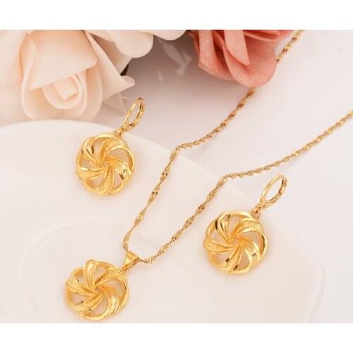 Gold Dubai India flower pendant necklaces chain earrings for women gold jewelry sets wedding bridal girls Christmas gifts