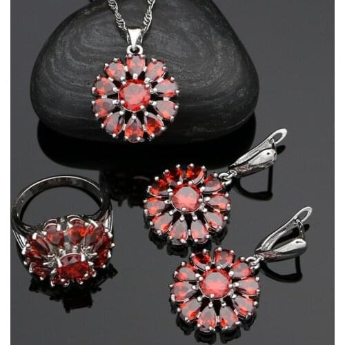 925 Sterling Silver Wedding Jewelry Sets For Women Red Cubic zirconia Drop Earrings Rings Pendant Necklace Flower Jewelry Set