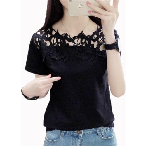 Summer Fashion Womens T shirt Lace Hollow T-shirt Tops Woman Casual Short Sleeve Tops Black White T shirts Clothing 190416