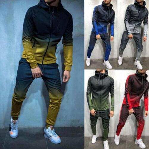 Fashionable mens high neck gradient color sportswear hoodie tops jogger gym plain zipper pocket slim fit