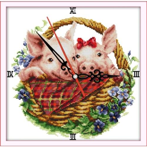 Pig in flower basket cross stitch kit 14ct 11ct count print canvas wall clock stitching embroidery DIY handmade needlework