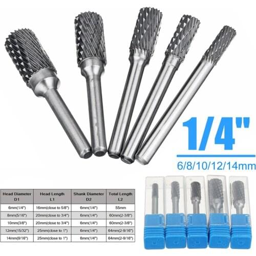 5pcs 6-14mm Tungsten Carbide Rotary Burr Die Grinder Drill Bits Set for Woodworking