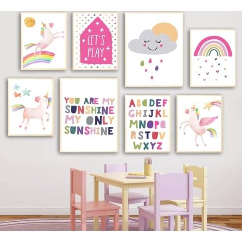 Unicorn ABC Alphabet Rainbow Cloud Nursery Wall Art Canvas Painting Nordic Posters And Prints Wall Pictures Baby Kids Room Decor
