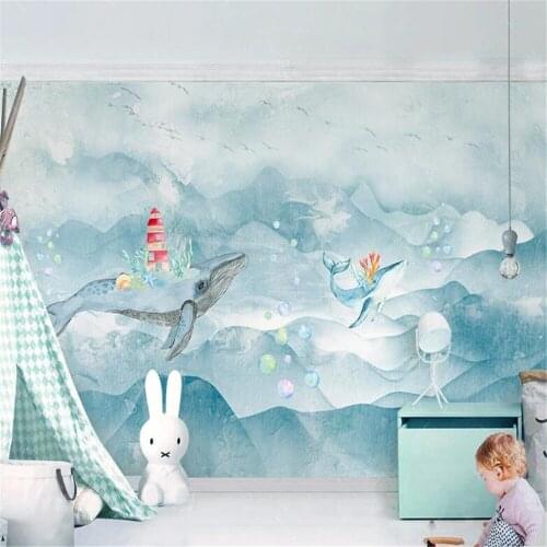 Milofi custom wallpaper mural artistic conception landscape watercolor whale bubble children animal background wall wallpaper