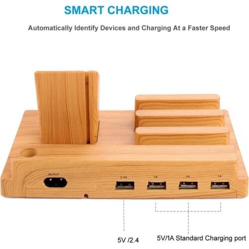 Wood Color New Four-in-one Mobile Phone Charger Stand Watch Stand 4 Usb Multi-function Mobile Phone Watch Flat Charging Stand