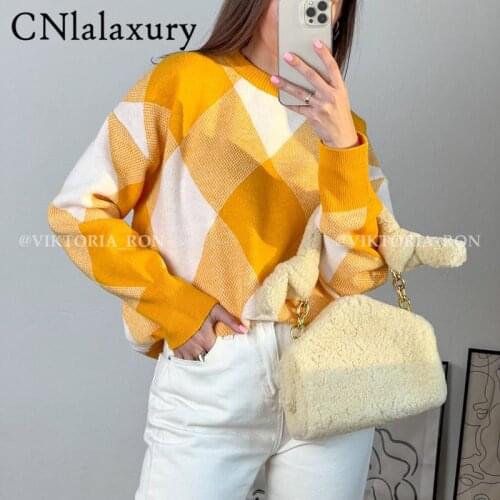 CNlalaxury 2021 Autumn Za New Argyle Knitted Sweater Women Loose Pullover Lazy Style Sweaters Female Jumper Pull Femme Pullovers
