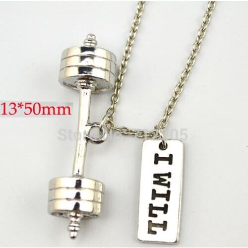 New Arrival Fitness weightlifting Gym Jewelry 20pcs a lot Dumbbell barbell with I WILL chain necklace (A1205)