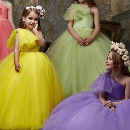 New Shiny Sash One Shoulder Flower Girl Dresses Kids Princess Birthday Party Gowns
