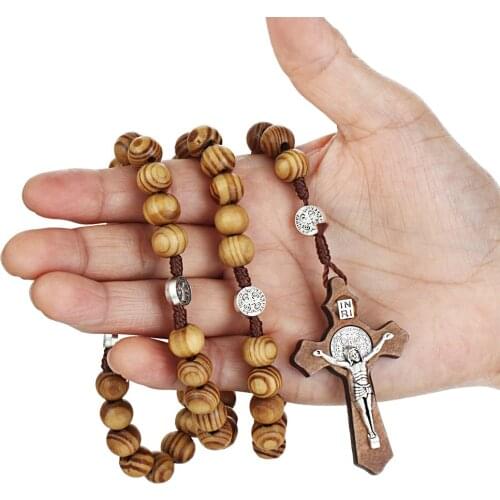 Catholic Crucifix Necklace Wood Beads Chain Necklaces INRI Saint Benedict Cross Pendant Religious Jewelry for Women Men