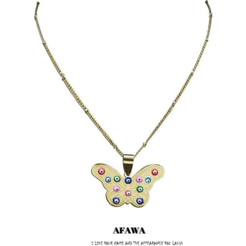 Stainless Steel Colorful Turkey Eyes Butterfly Chain Necklace Gold Color Pendant Necklace Jewelry collar mariposa N5231S01