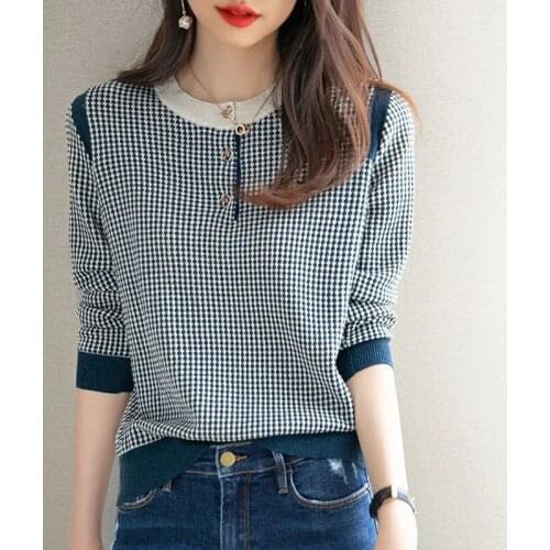 Women Spring Autumn Knitted Pullover Sweater Lady Casual Long Sleeve Fashion O-neck Plaid Knitted Pullover Tops 2021 New LU2113