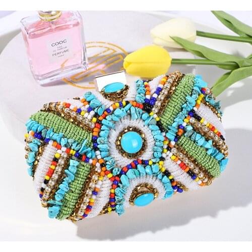 Luxury Beaded Handbags With Chain Purse Bohemian Style Women Evening Bags Stones Lady Day Clutch