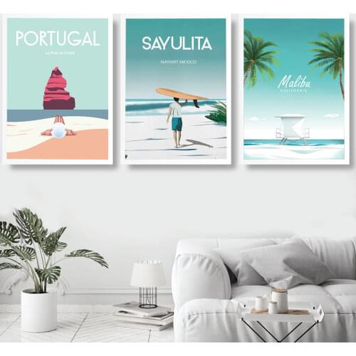 Cartoon Beach Sun Bathing Surfing Portugal Travel Vintage Posters Wall Art Canvas Painting Prints Home Decor For Living Room