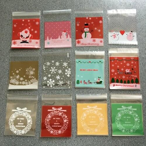 50pcs 10x10cm 12 Design Christmas Snow And Santa Self-adhesive Packaging Bags For Biscuits Cookie Candy Snack Gift