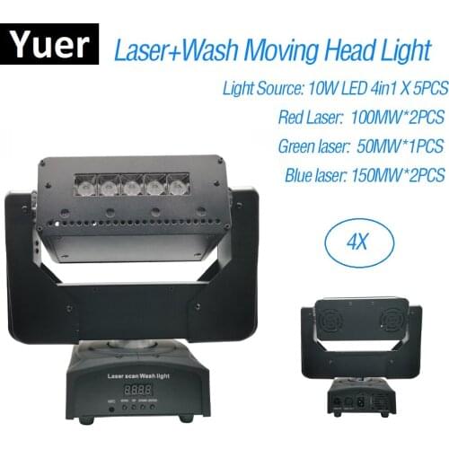 5X10W RGBW 4IN1 Wash Strobe Light DMX512 Moving Head Light With RGB 550MW Laser Projector Christmas For Dj Bar Party Light Music