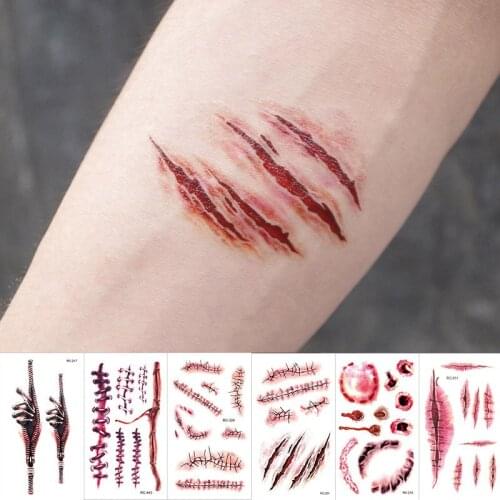 Halloween Terror Wound Temporary Tattoos 3D Waterproof Tattoo Sticker Realistic Blood Injury Scar Fake Tattoo Body Art Tools