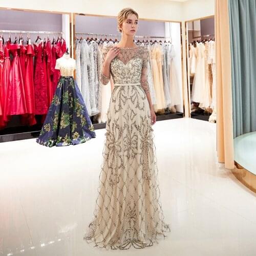 3/4 Sleeve Prom Dress Champange Crystal Beaded Bridal Evening Dresses Scoop Neckline FLoor Length Long A Line 2020