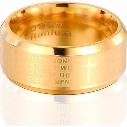 Yingwu Wholesale Lots 5pcs Men Jewelry Bible English Religious Ring Gold Stainless Steel Father Prayer Padre Cross Rings