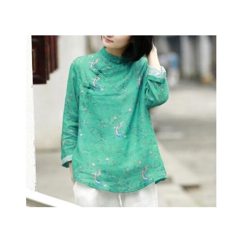 2018 Chinese style stand collar shirt printing top vintage shirt female 18061-45