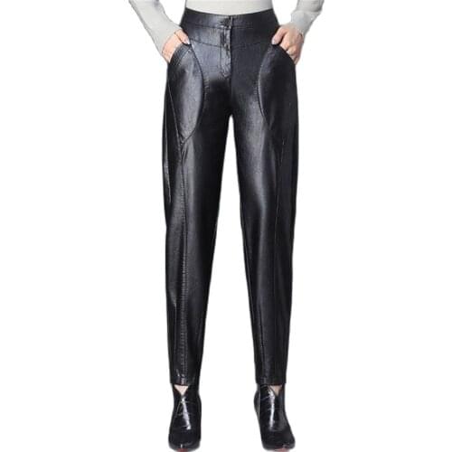 Womens Fashion Leather Pants Female High Waist Harem Trousers Autumn Korean Pantalettes Leather Plus Velvet Pencil Pants Baggy