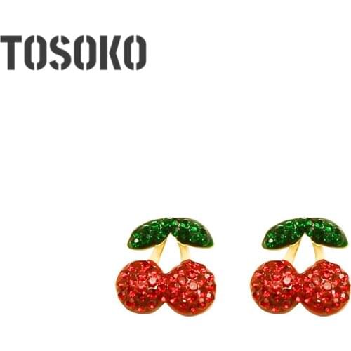 TOSOKO Stainless Steel Jewelry Red And Green Zircon Cherry Earrings Sweet And Lovely Earrings For Women BSF290