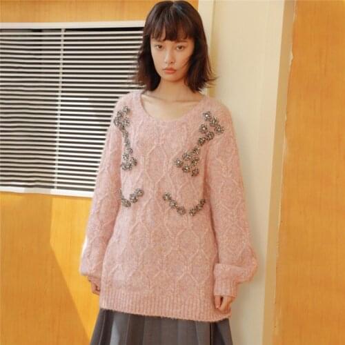 Crystal Beaded Oversized Sweater Loose Long Pink Sweater Women 2021 Autumn Winter Crewneck Lazy Oaf Pullover Sweaters Jumpers