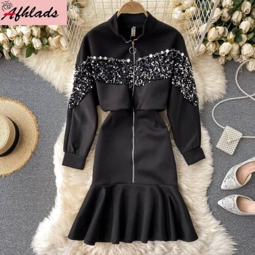 Fashion Sequin Stitching Trumpet Dress Autumn And Winter High Waist Ruffles Long Sleeve Zipper Women Party Bodycon Vestidos