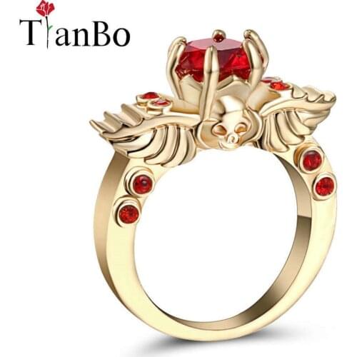 TianBo Silver & Black & Gold Color Wing Skull Red / Blue Crystal Wedding & Engagement Ring for Women As Promise Gift Size 7