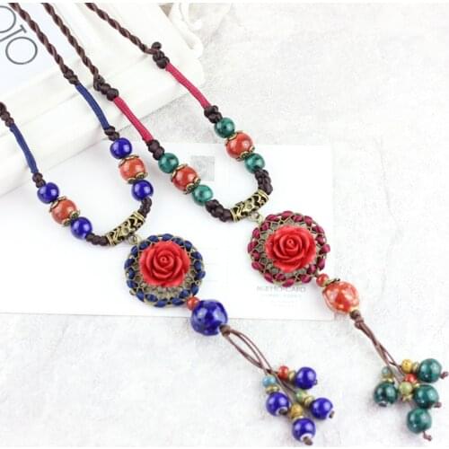Women Vintage Fashion Flower Necklace Pendants Personality Ethnic Style Ceramic Beads Long Sweater Chain Jewelry Necklaces