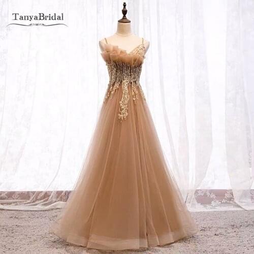 Gold A Line Prom Dresses With Irregular Neckline Lace Appliques Soft Tulle Formal Women Evening Gown JQ780