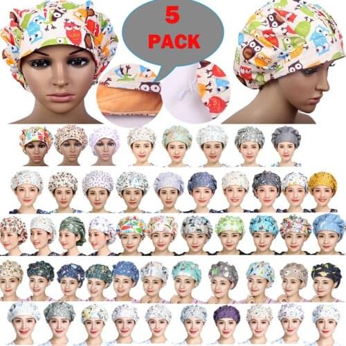 5PCS/Lot Random Send Wholesale Women Men Scrub Cap Reuseable Working Caps Cotton Adjustable Sweatband Bouffant Hats Hair Cover