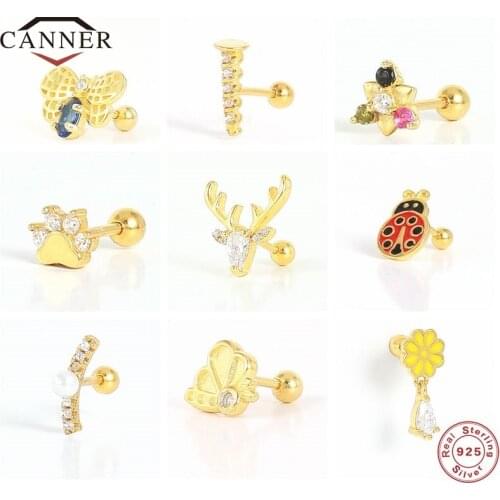 CANNER 100% Pendients Plata 925 Silver Colorful Zircon Stud Earrings for Women Cute Mini Piercing Cartilage Earring Jewelry Gift