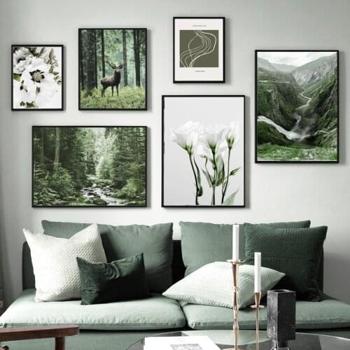 White Flower Green Art Forest Deer Nature Wall Art Canvas Painting Nordic Posters And Prints Wall Pictures For Living Room Decor