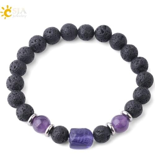 CSJA Natural Lava Stone Buddha Bracelets Bangles for Men Girl 2019 Reiki Tiger Eye Mala Bead 8mm Meditation Balance Jewelry F855