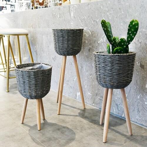 Wooden flower stand high and low flowerpot plant pot straw basket floor decoration simple living room balcony farmhouse decor