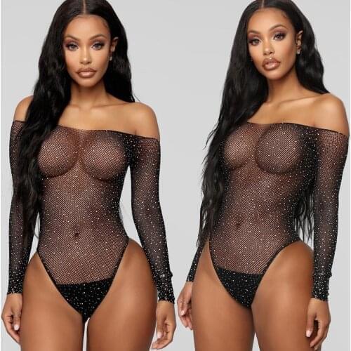 Underwear Set Sexy Underwear 2020 New Women Black Lace Fishnet Rhinestone Lingerie Bodysuit Off- Shouder Jumpsuit Lenceria
