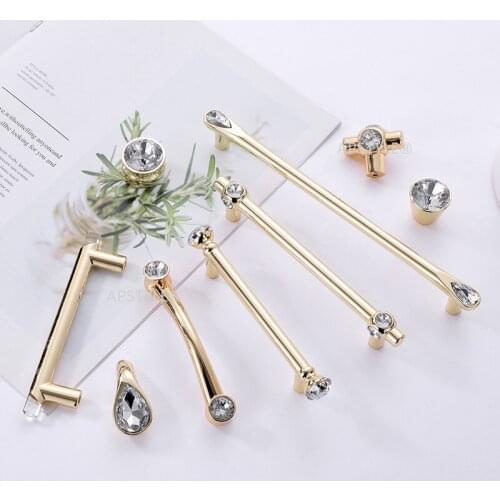 Kitchen Cupboard Pulls Zinc Alloy Crystal Cabinet Drawer Hardware Wardrobe Dresser Handle European Fashion Decorative Gold