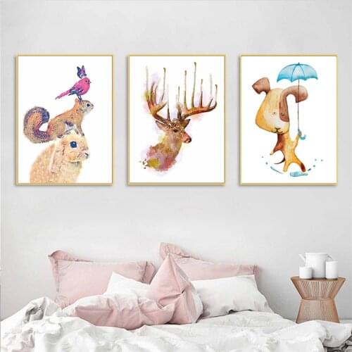Woodland Rabbit Squirrel Print Nursery Wall Art Deer and Dog Canvas Painting Posters Cute Cartoon Animal Kid Girls Bedroom Decor