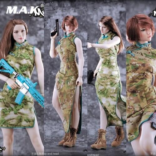 MF-003 1/6 Sexy Female Clothes Fighting Girl Camouflage Cheongsam Clothes Set Tactical Shooes Lace Bind Accessories Model