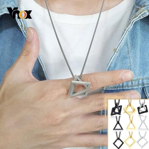 Vnox Minimalist Geometric Men Pendant Stainless Steel Interlocked Hollow Trangle Square Simple Necklace Punk Vintage Xmas Gift