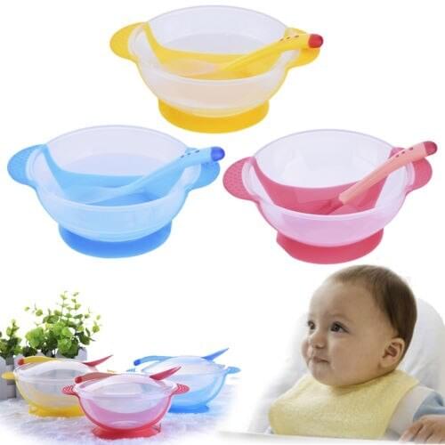 Faroot Baby Infants feeding Bowl With Sucker and Temperature Sensing Suction Cup Bowl Slip-resistant Tableware Set-blue