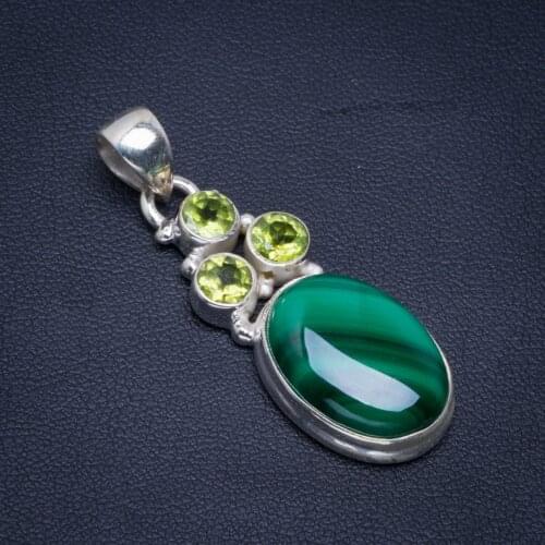 Natural Malachite And Peridot Handmade Unique 925 Sterling Silver Pendant 1.5" B3137