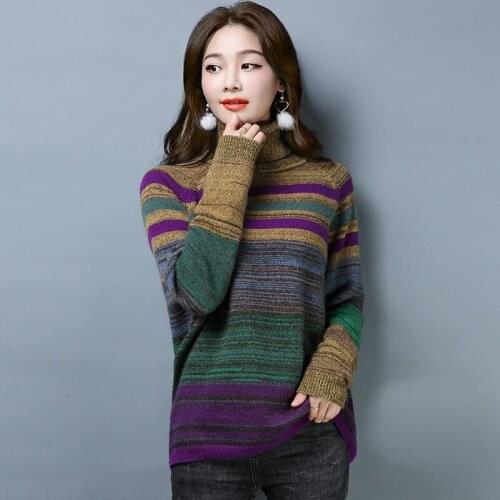 Autumn Striped Patchwork Colors Pullovers Slim Sweaters Women knitted High Neck Pullover Sweater Female Tops