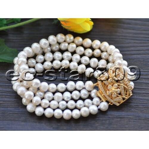 P7535 4Row 8mm Round Black White Freshwater Pearl Bracelet CZ