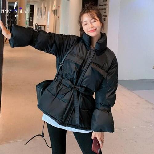 PinkyIsBlack Winter Jacket Women Coat 2020 Short Parkas For Women 4 Colors Wadded Jackets Warm Flare Sleeve Outwear With Belt