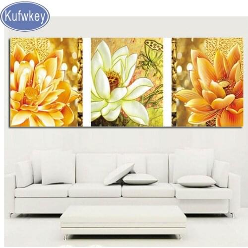 Triptych full diamond painting square/round"Golden flower"5d cross stitch Home decor diamond mosaic lily Floral painting decor