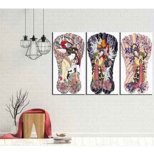 Japanese Ethnic Geisha Girls In Patterns And Colors And Dressed In Geisha 3 Panel Set Oil Canvas Prints