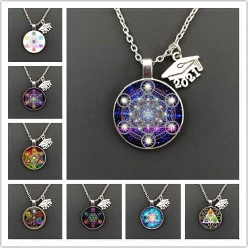 Mysterious Metatron Cube Necklace Sacred Geometry Flower of Life Glass Pendants Magic Hexagram Choker Jewelry for Unisex
