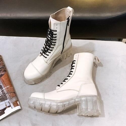 SKLFGXZY European brands Womens boots Genuine leather Lacing up Martin boots Transparent high heels Fashion boots Womens shoes