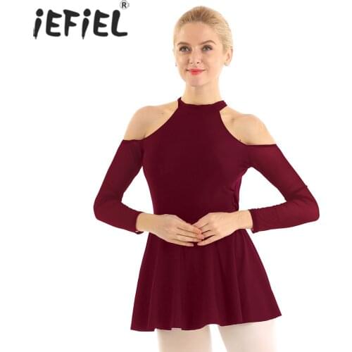 Women Adults Ballerina Contemporary Dance Costumes Cut Out Shoulder Splice Back Ballet Dance Gymnastics Leotard Ballroom Dress